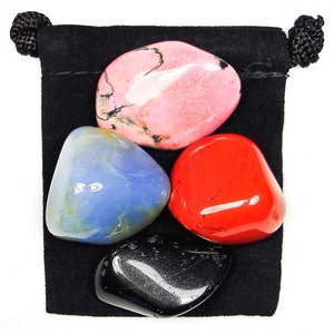 BEVORDEREN GOODWILL tuimelde Crystal Healing Set - 4 edelstenen w/beschrijving & Card - Zwarte Toermalijn, blauwe Chalcedoon, Jasper, Rhodoniet