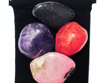 CANCER SUPPORT Tumbled Crystal Healing Set - 4 Gemstones with Description Card & Pouch - Amethyst, Carnelian, Rhodonite, and Tourmaline