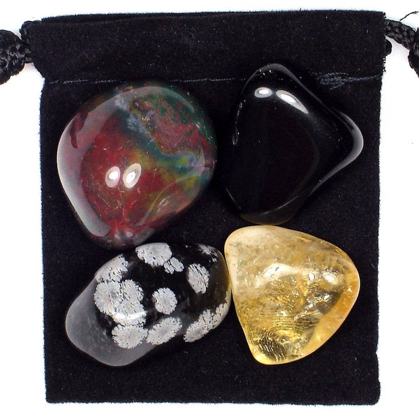 BLOOD CIRCULATION SUPPORT Tumbled Crystal Healing Set - 4 Gemstones w/Card and Pouch - Bloodstone, Citrine, Obsidian, & Snowflake Obsidian