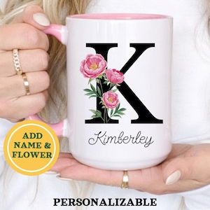 Personalized Birth Flower Coffee Mug, Custom Birthflower Cup, Capital Letter Monogram Mug, Initial Name | 11-15oz
