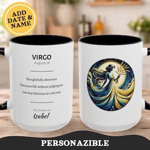 May include: White ceramic mug with a black interior and handle. The mug features the word "VIRGO" and a description of the Virgo zodiac sign. The other side of the mug has a circular illustration of a woman holding wheat. The mug is labeled "PERSONAZIBLE".