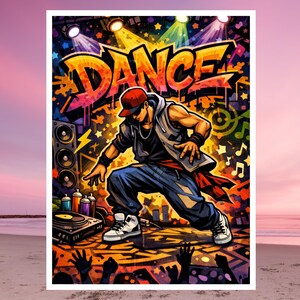 Könnte beinhalten: Farbenfrohe Illustration eines Tänzers mit roter Kappe und blauer Jeans, mit dem Wort "DANCE" im Graffiti-Stil. Das Bild zeigt Lautsprecher, einen Plattenspieler und erhobene Hände vor einem lebendigen Hintergrund.