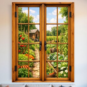 May include: A wooden framed window with a view of a garden. The garden features a variety of vegetables, including tomatoes, carrots, and cabbage. A stone path leads to a small wooden shed. The sky is blue with fluffy white clouds.