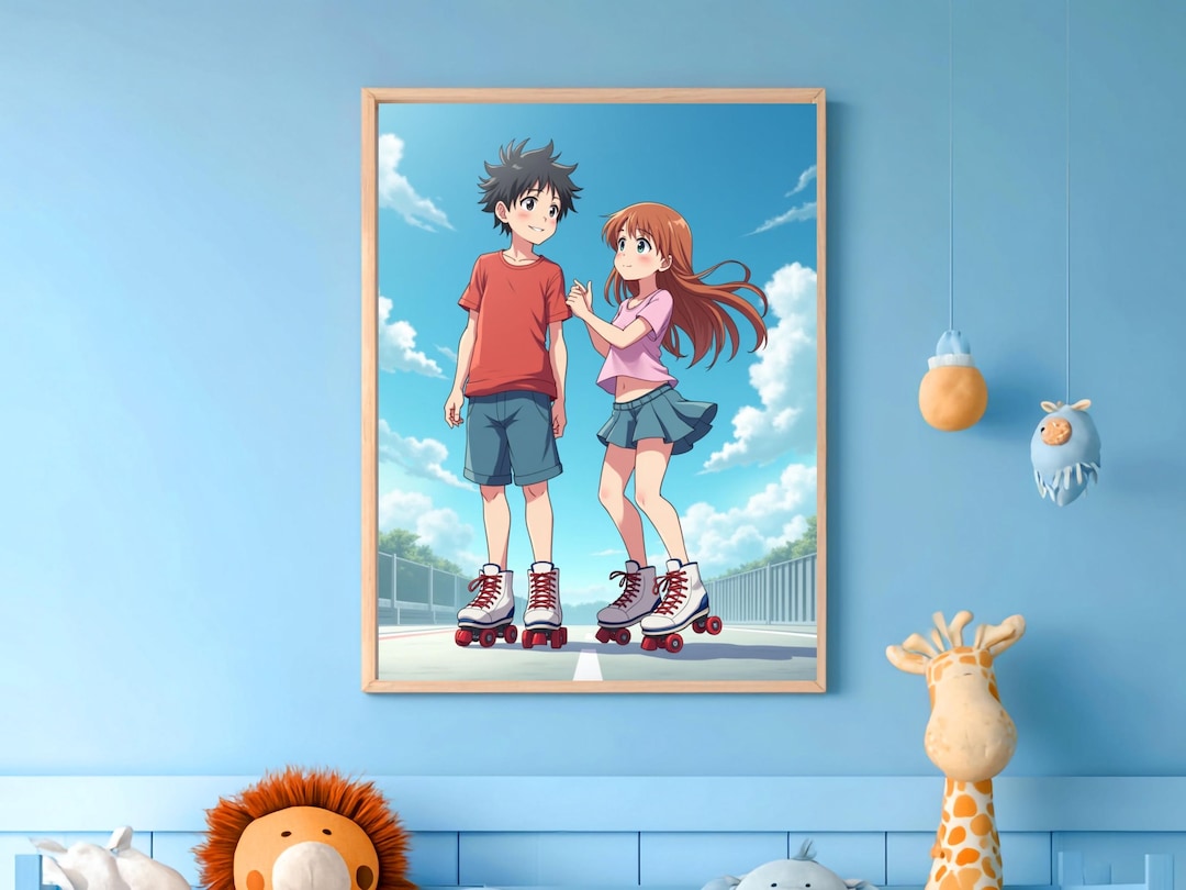 Anime Style Art Roller Skating Poster Couple Print Etsy