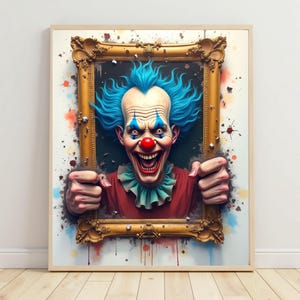 Surrealistisk clown Frame Breaker konsttryck: Livfull kaotisk porträttväggkonst