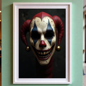 May include: A framed print featuring a detailed, unsettling clown mask. The mask has a white base with blue diamond-shaped accents, a red nose, and a wide, menacing grin. Red horns and gold jingle bells complete the design, creating a spooky aesthetic.
