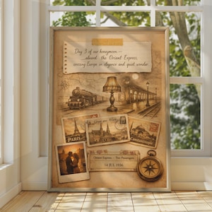 May include: A framed vintage-style collage print featuring a steam train, a table lamp, and postcards from Paris, Vienna, and Constantinople. It includes a photograph of a couple, a compass, and text reading Day 3 of our honeymoon aboard the Orient Express.