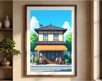 Japanese Anime Cafe Poster, Japan Street Scene Art Print