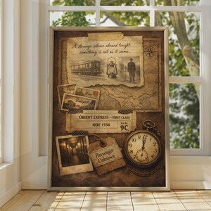 May include: A vintage-style poster featuring a sepia-toned collage with a train, a lantern, a figure, and a map. It includes text reading A strange silence aboard tonight... something is not as it seems, Orient Express, Nov 1934, and Passenger Unknown.