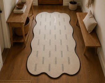 Neutral Wavy Entryway Rug, Modern Organic Shape Carpet, Beige Black Minimalist Rug, Scandinavian Floor Mat