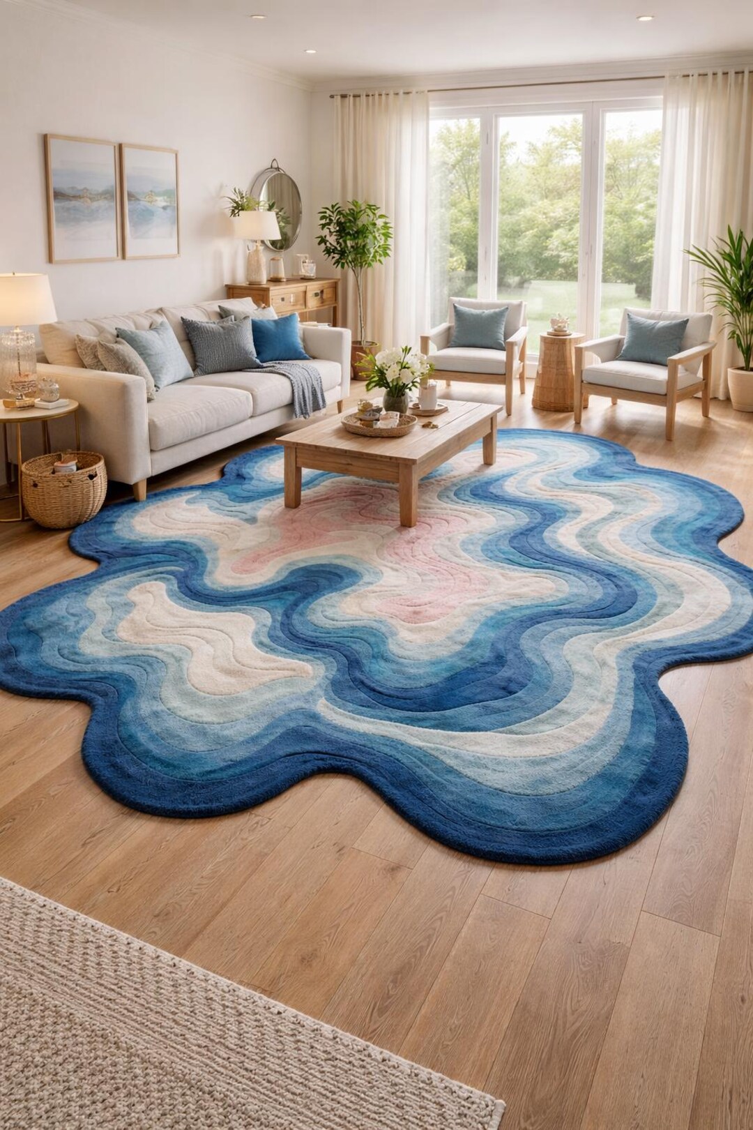 Handmade 6x9 Irregular Wavy Blue Wool Rug, Hand-tufted Abstract Modern ...