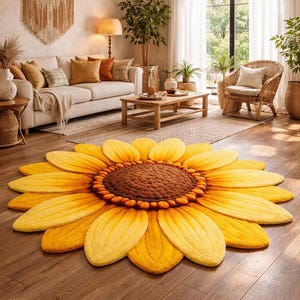 May include: A large, yellow and brown sunflower-shaped rug. The rug has a textured, plush appearance with a brown center and yellow petals. The rug is placed on a hardwood floor in a living room setting.