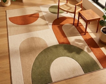 Hand Tufted Wool Rug, Mid Century Modern Area Rug, Abstract Geometric Carpet, Earth Tone Living Room Rug