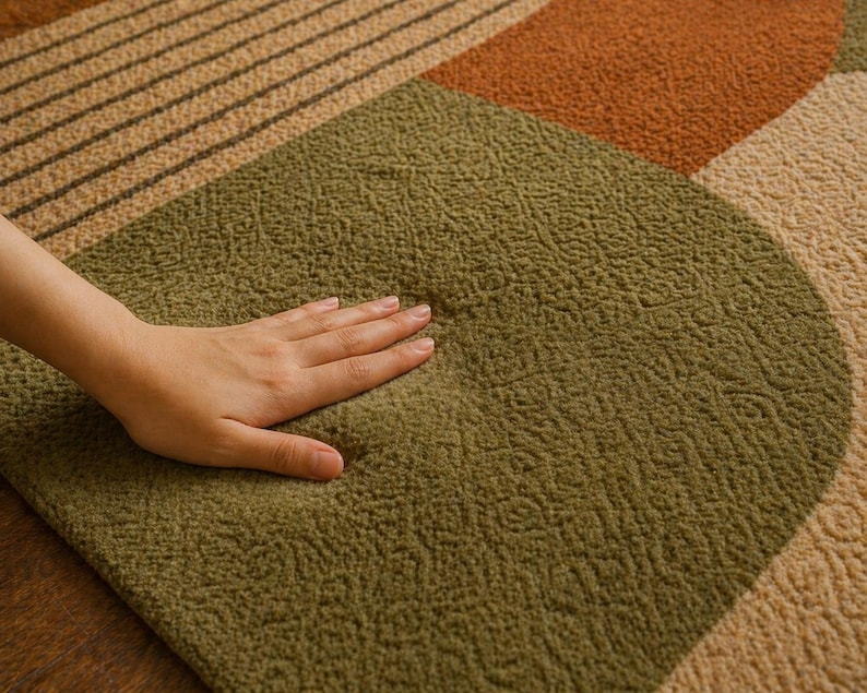 May include: Close-up of a textured rug with a geometric design. The rug features olive green, tan, and orange sections. A hand rests on the olive green section, highlighting the soft texture of the rug. The rug's design includes stripes and curved shapes.
