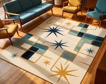 Mid Century Modern Rug, Retro Atomic Starburst Area Rug, Geometric Wool Rug, MCM Living Room Rug, Handmade Tufted Rug