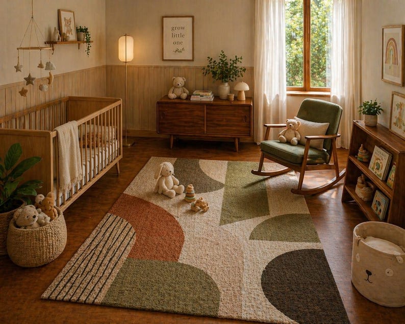 May include: A nursery with a wooden crib, rocking chair, and a patterned rug in shades of green, brown, and beige. A wooden cabinet and bookshelf are visible, along with a hanging mobile and framed artwork. The text "grow little one" is on the wall.