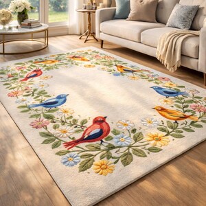 Puede incluir: Alfombra rectangular con fondo crema. Presenta un diseño de borde de pájaros y flores de colores. Los pájaros son rojos, azules y amarillos. Adecuado para una sala de estar.