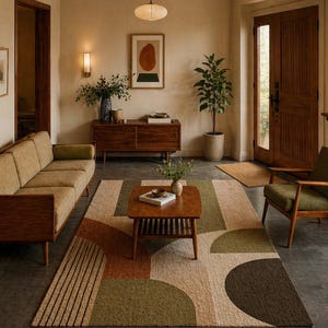 May include: A mid-century modern living room with a sofa, armchair, and coffee table. The room features a patterned rug with green, brown, and beige geometric shapes. A wooden cabinet and artwork are visible in the background, creating a warm and inviting atmosphere.