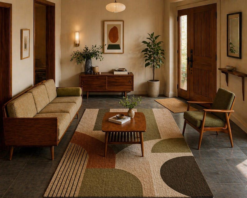 May include: A mid-century modern living room with a sofa, armchair, and coffee table. The room features a patterned rug with green, brown, and beige geometric shapes. A wooden cabinet and artwork are visible in the background, creating a warm and inviting atmosphere.