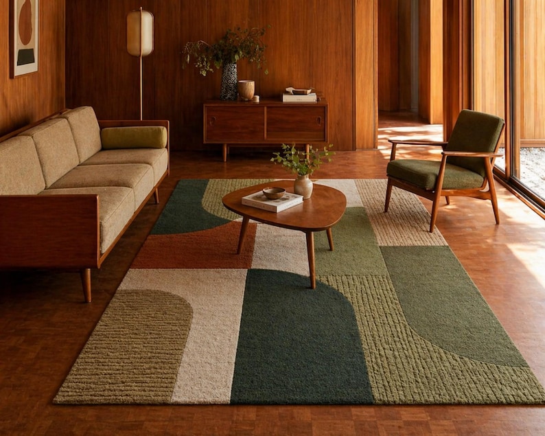 May include: A geometric area rug with a mid-century modern design. The rug features a color block pattern in shades of green, brown, and cream. The rug is placed in a living room with a sofa, chair, and wooden furniture.