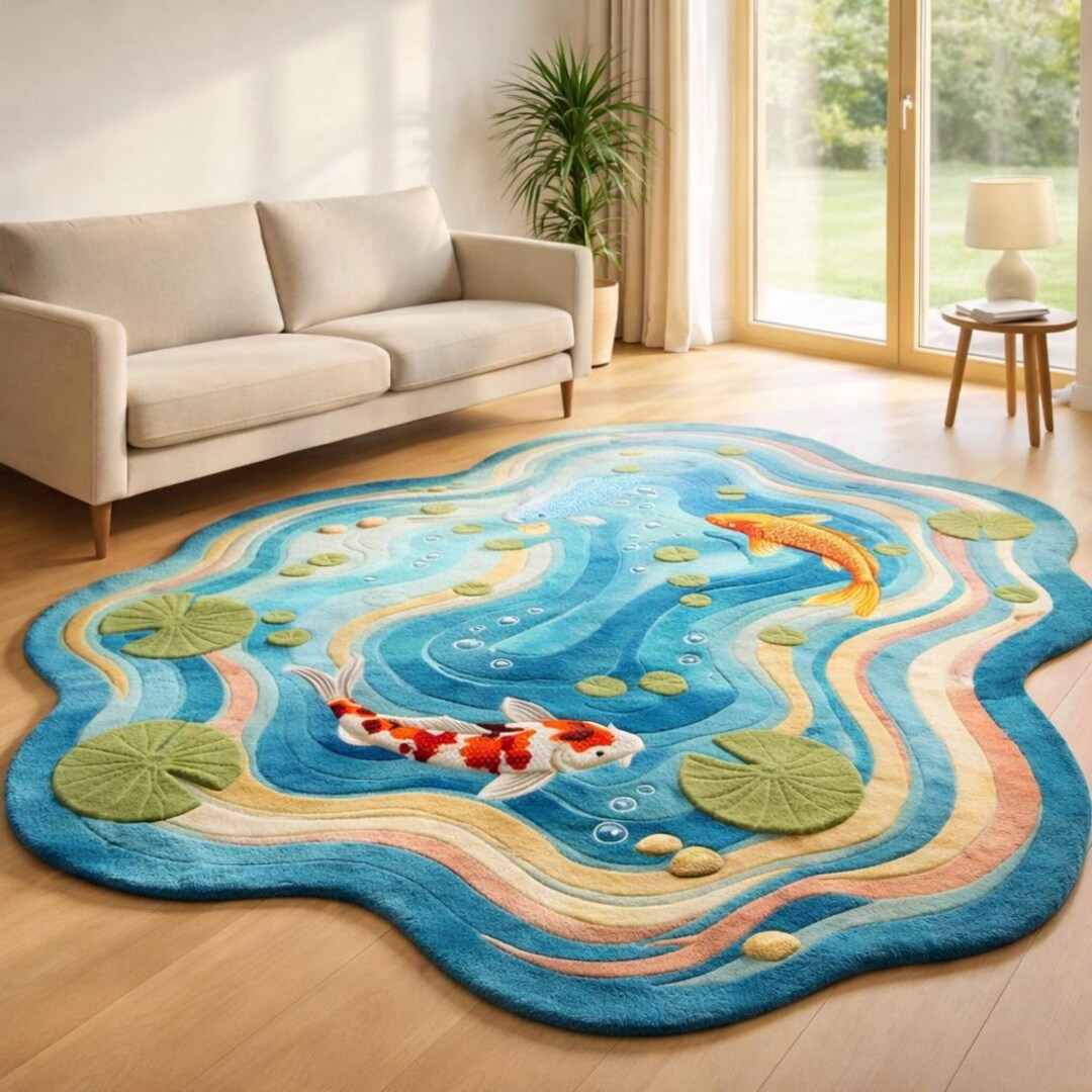 Pond/water Rug Handmade Hand-tufted 5x7 Wool Koi Pond Rug, Irregular Blue Green Area ...