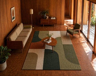Hand-Tufted Wool Rug 9x12 Geometric Abstract Green Beige Brown Handmade Area Rug Mid Century Modern Living Room Carpet