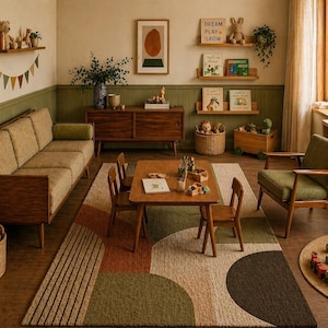 May include: A cozy, well-lit children's playroom with a mid-century modern aesthetic. Features a sofa, table, chairs, and a patterned rug. Wooden shelves display toys and books. The room is decorated in neutral tones with green accents.