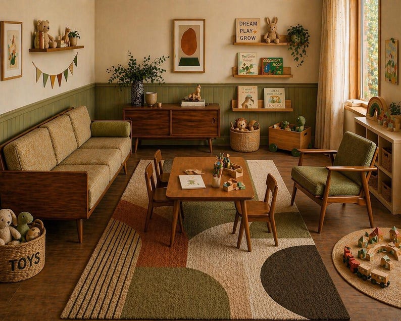 May include: A cozy, well-lit children's playroom with a mid-century modern aesthetic. Features a sofa, table, chairs, and a patterned rug. Wooden shelves display toys and books. The room is decorated in neutral tones with green accents.