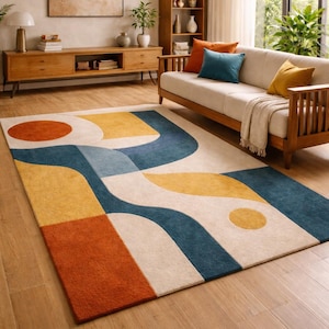 Tapis en laine tufté à la main, 9 x 12, géométrique abstrait beige bleu orange, moderne, salon, milieu du siècle, tapis fait main