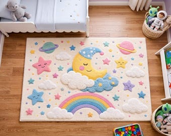 Hand-Tufted Kids Nursery Rug 4x7 Wool Rainbow Moon Stars Rug, Pastel Space Theme