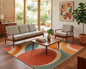 Dywan wełniany tkany ręcznie, 8x10, geometryczny dywan w stylu retro, wielokolorowy, do salonu w stylu mid-century modern