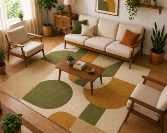 Mid Century Modern Beige Green Rust Hand Tufted Area Rug Living Room Scandinavian Decor