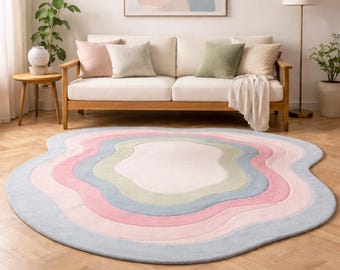 Modern Abstract Irregular Pastel Wool Rug, Pink Blue Green Organic Shape Area Rug for Living Room Nursery Boho Decor