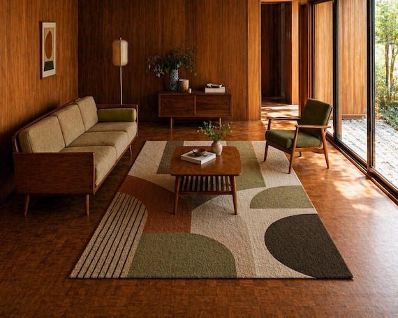 8x10 Area Rug, Geometric Beige Brown Green Modern Mid Century Living Room Area Rug