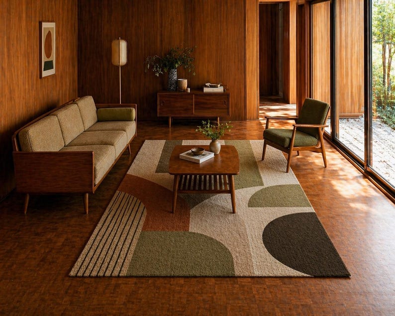 May include: A mid-century modern living room with a brown sofa, green armchair, and a geometric patterned rug. The room features wooden paneling, a coffee table, and a credenza. The rug has a design of brown, green, and beige shapes.