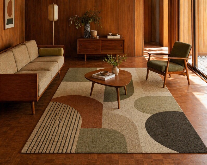 May include: A mid-century modern living room featuring a beige sofa, a wooden coffee table, and a patterned rug with brown, green, and beige geometric shapes. The room has wooden paneling and a green armchair.