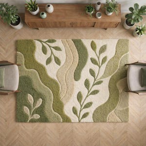Hand Tufted Wool Rug 8x10 Green Beige Botanical Abstract Rug Modern Organic Leaf Pattern Living Room Handmade Area Rug