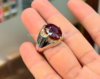 Anel masculino artesanal com rubi natural autêntico, pedra preciosa de luxo, em prata de lei 925.
