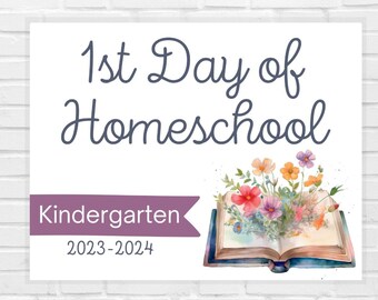First Day of Homeschool Kindergarten Sign - 2023-2024 | First Day of School Sign Printable |  Back to School Photo | Watercolor Book