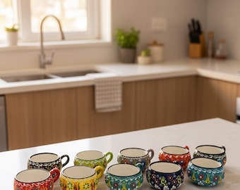 Handmade Turkish Ceramic Coffee Mug:Painted Floral Design Cups