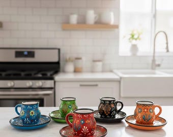 Handmade Ceramic Turkish Coffee Cup & Saucer Set – Colorful Hand Painted Espresso Cups