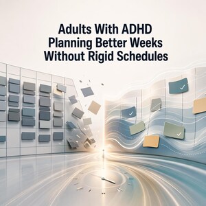 Op de afbeelding: Een afbeelding met de tekst "Adults With ADHD Planning Better Weeks Without Rigid Schedules." De afbeelding toont een kalender, klok en abstract ontwerp met een helder licht in het midden.