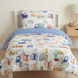 Ropa de cama infantil con diseño de camiones de construcción / Funda nórdica y funda de almohada o sábana ajustable para niños / Juego de cama con diseño de vehículo / Juego de cama individual con diseño de camión de construcción