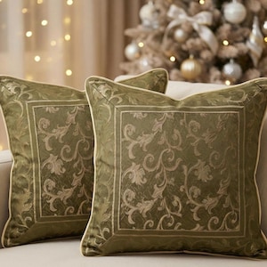 Groen en goud damast kussenhoes | Luxe jacquardkussen 50 cm (50 cm) | Feestelijk kersthuisdecoratie | Elegant cadeau in barokstijl