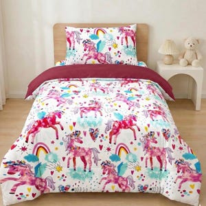 Unicorn Kids Bedding Set | Pink Girls Duvet Cover & Fitted Sheet | Magical Rainbow Unicorn Bed Set | Single Bed Decor | Cute Kids Bedroom