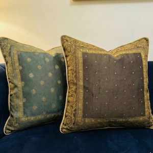 Chocolate Gold / Imperial Sage Damask Jacquard Cushion Cover 22” | Luxury Gold Border Throw Pillow | European Vintage Sofa Decor | Set of 2
