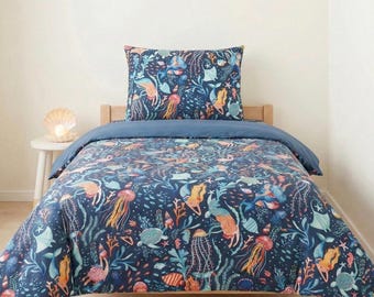 Kids Mermaid Bedding Set | Underwater Sea Life Duvet Cover & Pillowcase | Fitted Sheet Option | Boys Girls Nautical Bedroom Decor | Soft Kid