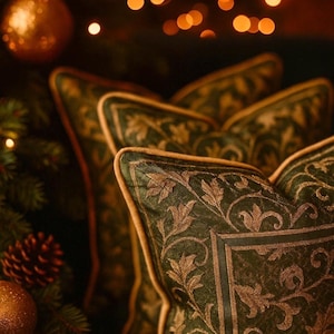 Green & Gold Damask Cushion Cover | Luxury Jacquard Pillow 20” Inch (50cm) | Festive Christmas Home Décor | Elegant Baroque Style Gift