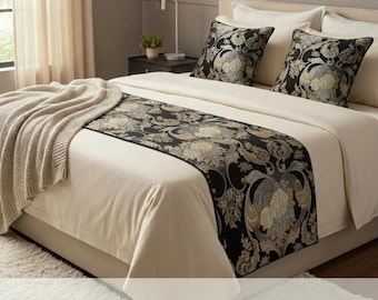 Copriletto jacquard di lusso 240 x 60 cm / Elegante copriletto floreale damascato / Decorazione per camera da letto in broccato nero e oro / Coperta per letto king size in stile hotel