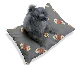 Cama para mascotas con ramo floral vintage, diseño de margaritas y rosas, felpa gris